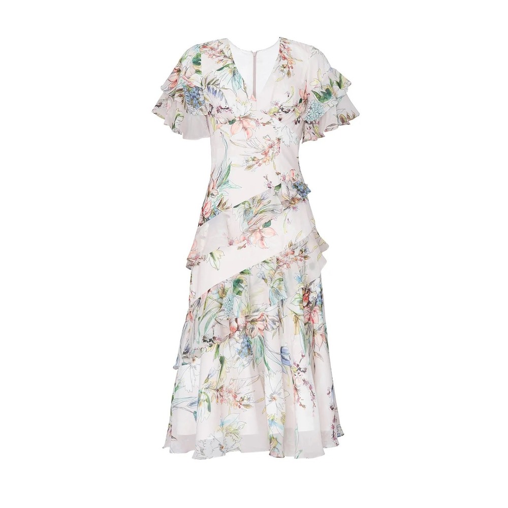 Theia Floral Ruffle Midi Dress‎ Blush Pink Size 0 - Picture 5 of 10